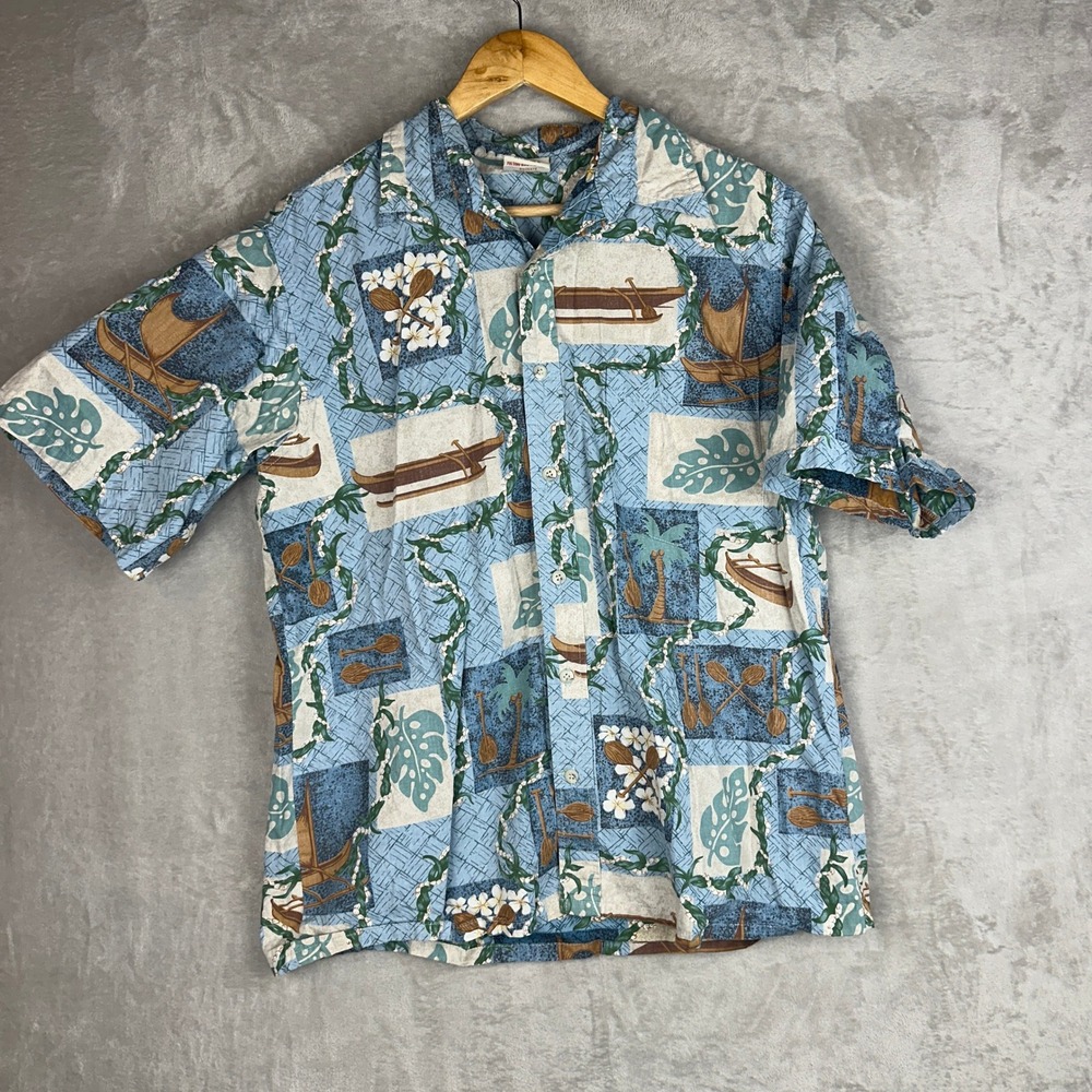 Go Barefoot Hawaiian Shirt Men Large Blue Cotton Outrigger Canoe Floral USA Made